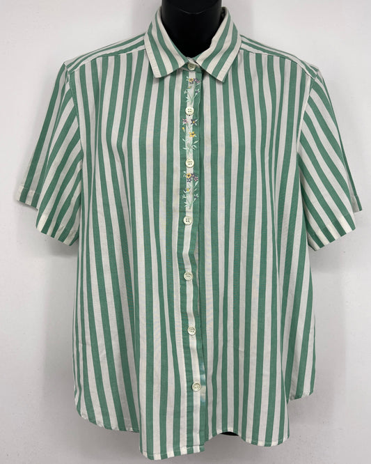 Alfred Dunner Green Striped Button Down Floral Embroidery Size 14