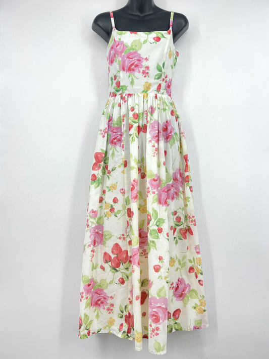 Laura Ashley Vintage 1997 Strawberry Fields Floral Fruit Summer Maxi Dress Size 6 NEW